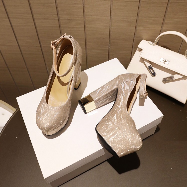 Fashion Sequin Chunky High Heel Pumps with Ankle Strap - Image 3