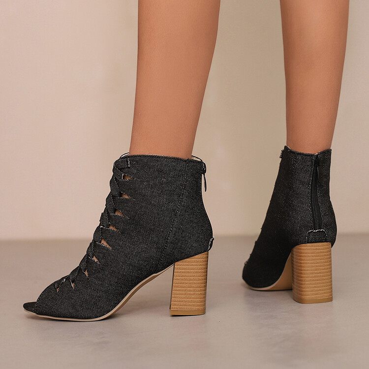 Women's High Heel Denim Sandal Boots with Chunky Heel and Zipper - Image 5