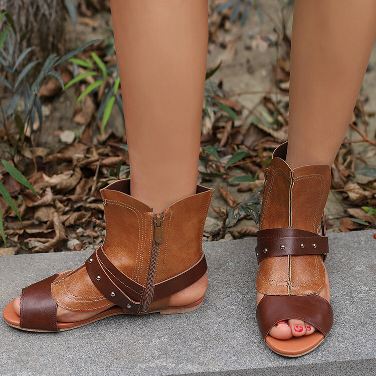 White PU Flat Round Toe Zip Sandal Boots for Spring 2024 - Image 2